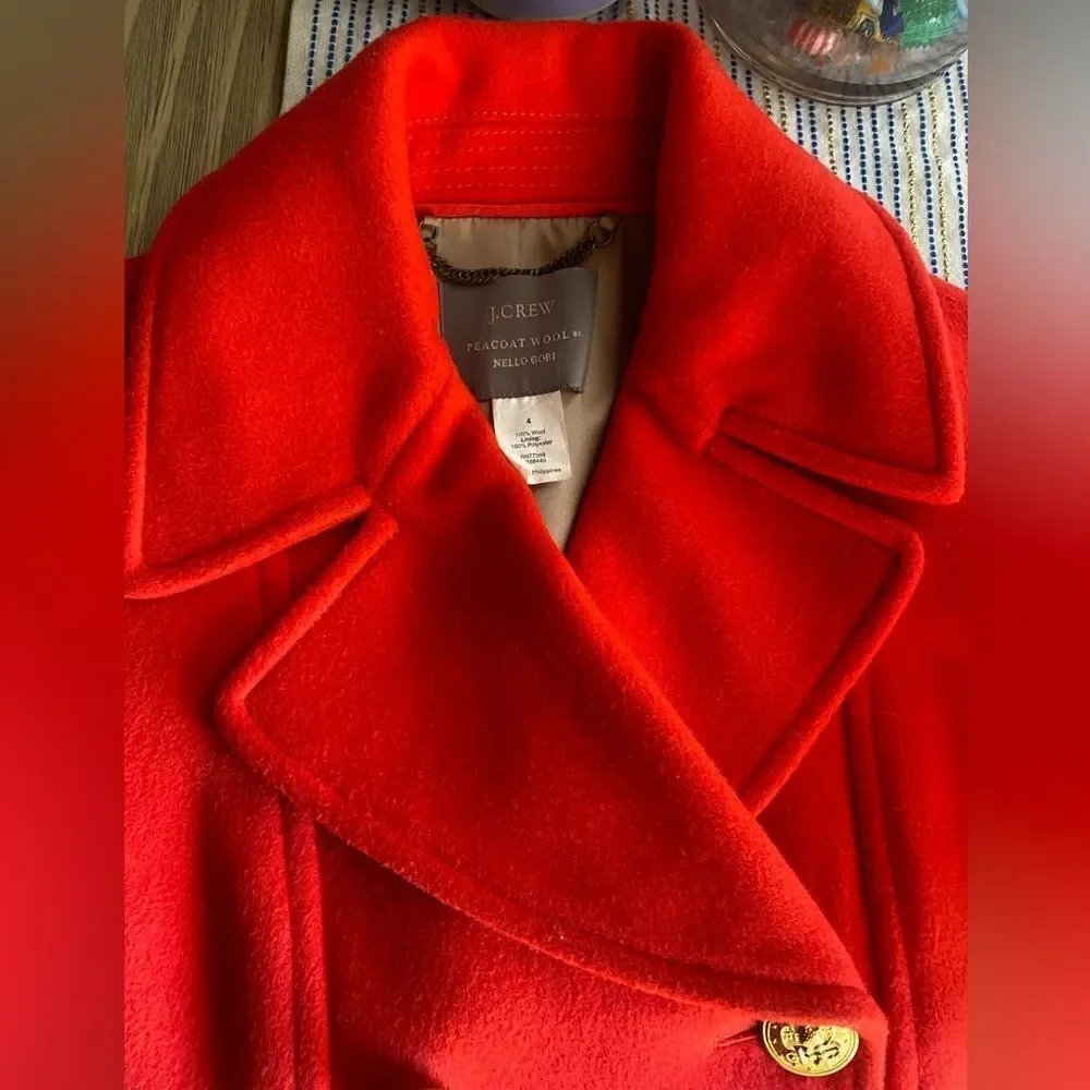 J. Crew Pea Coat Womens Red 100% Wool Nello Gori Gold Button Classic Sz 4